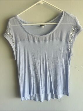 Women’s Express Light Blue Beaded Cap-Sleeve Tee, Size Medium